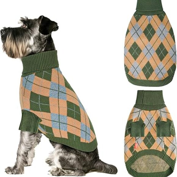 Dog Sweater Argyle Diamond Plaid Turtleneck Green Blue Tan Small Dogs 13 x 8 in - Picture 6 of 13